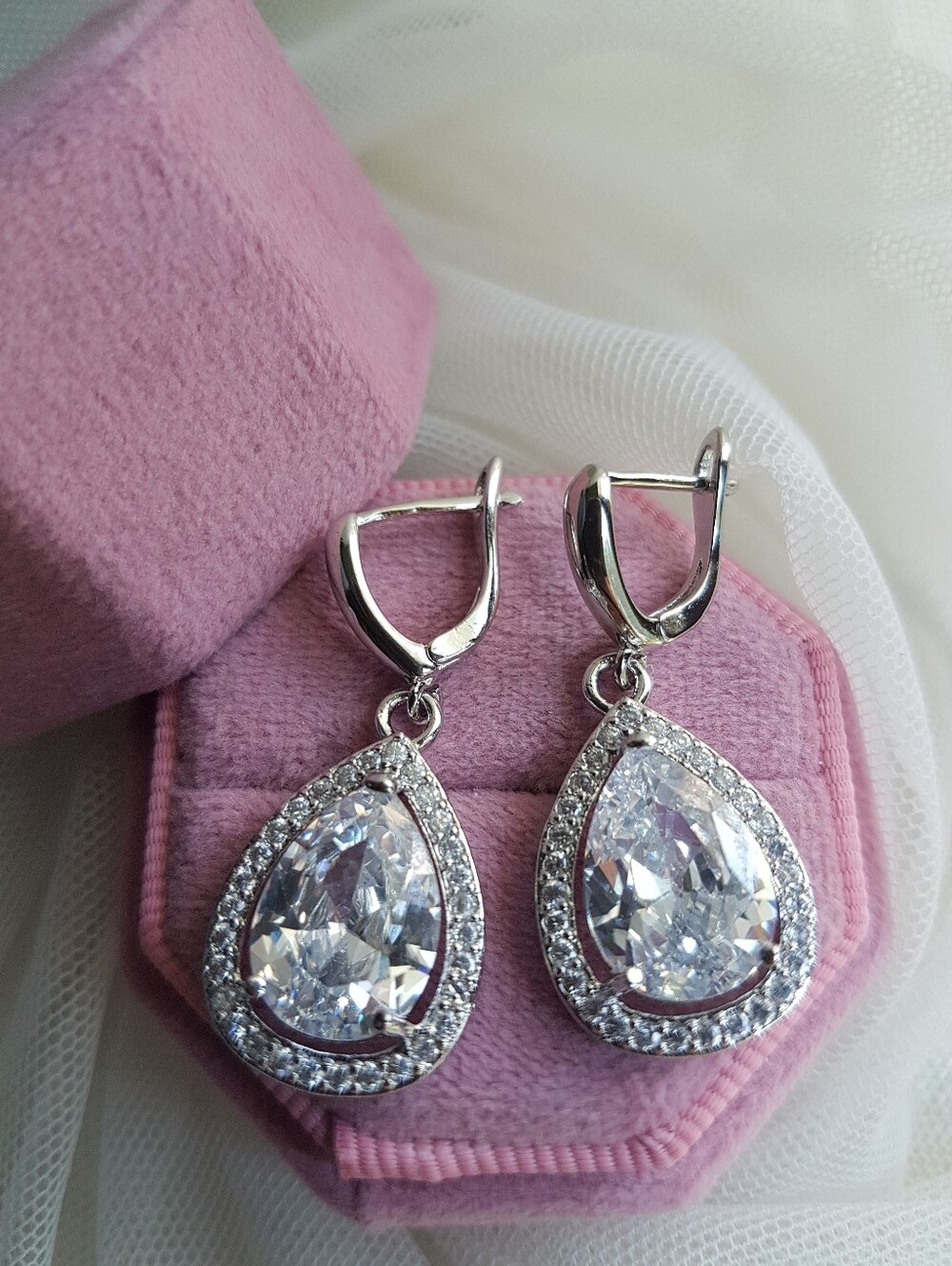 Swarovski Elements 925 Silver Large White Sapphire Teardrop Halo Earrings NEW - Picture 3 of 10